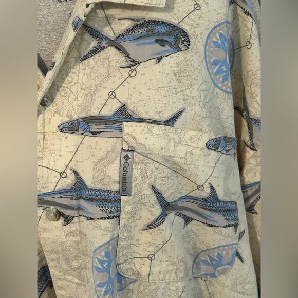 Vintage Columbia Men's Short Sleeve Shirt Fish compass Map Print Size XL cream - Picture 6 of 9